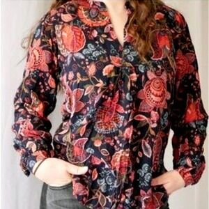LOFT Women's Large Navy Pink Paisley Floral Print Pullover Blouse Tunic Top Boho